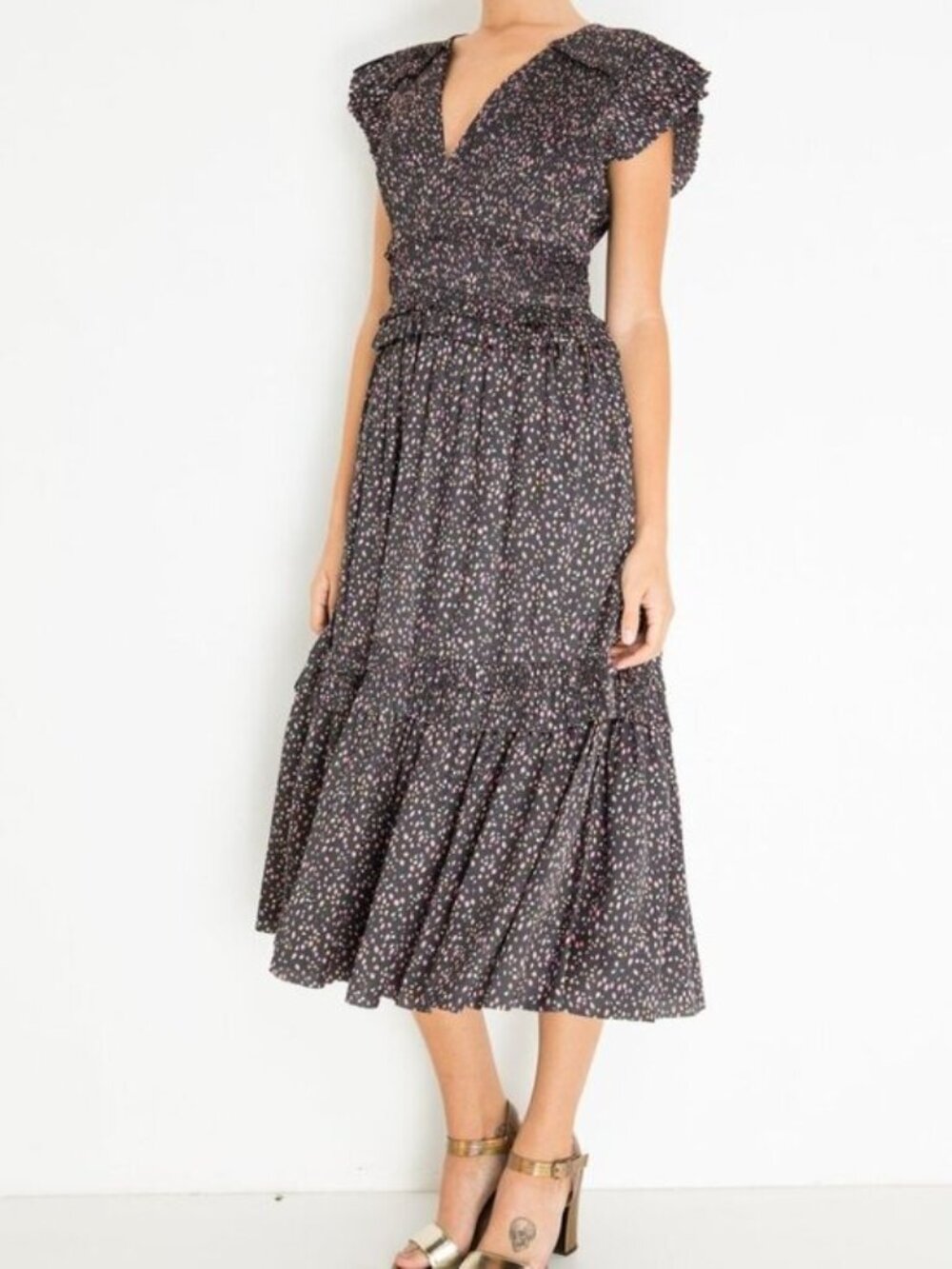 ULLA JOHNSON Jolee Tulip Floral Print Dress In Black Tiered Pockets Plunge Ruffl